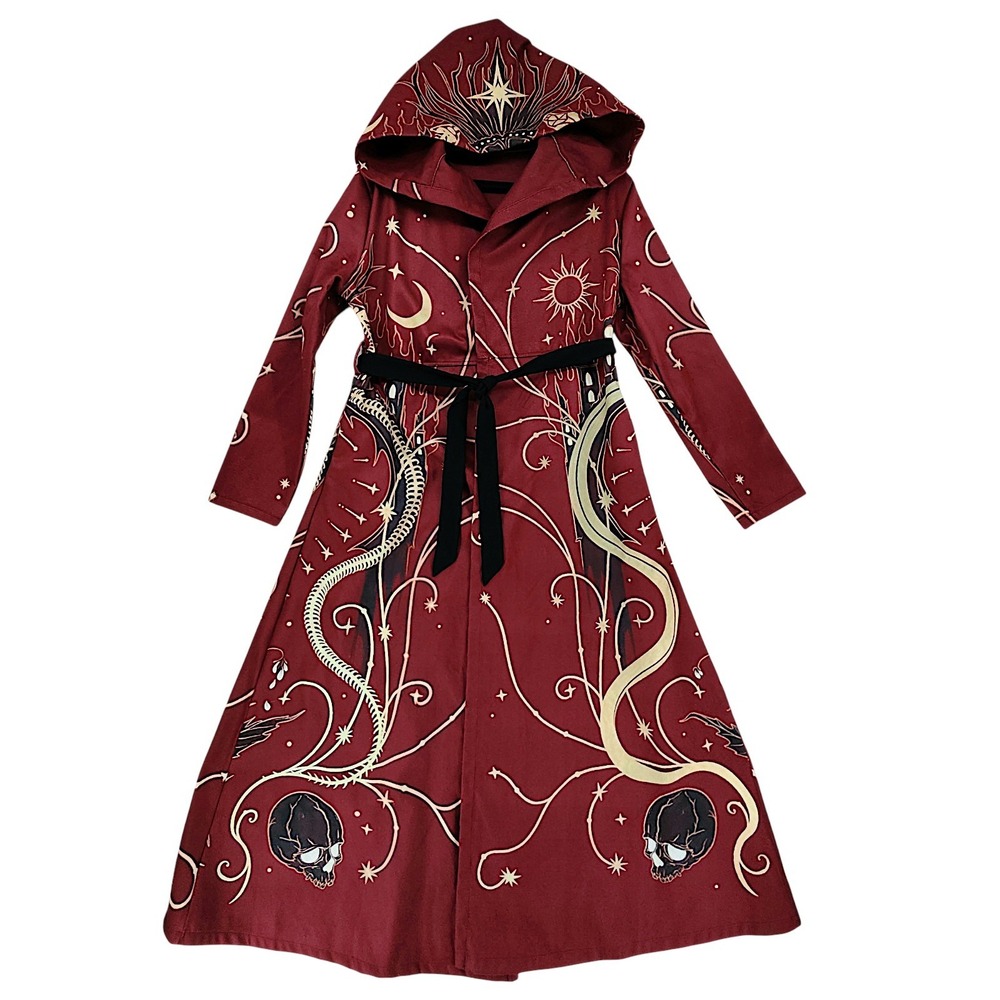 Coramoon Hooded Robe M Wom Red Celestial Skull Goth Duster Wizard Coat Halloween